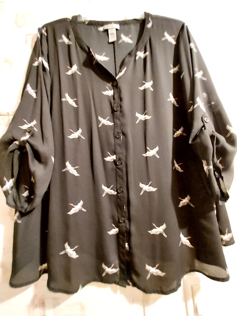 Catherines Black Button-Front Blouse with White Bird Print